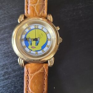 Gold Tweety Bird Watch with Brown Leather Strap